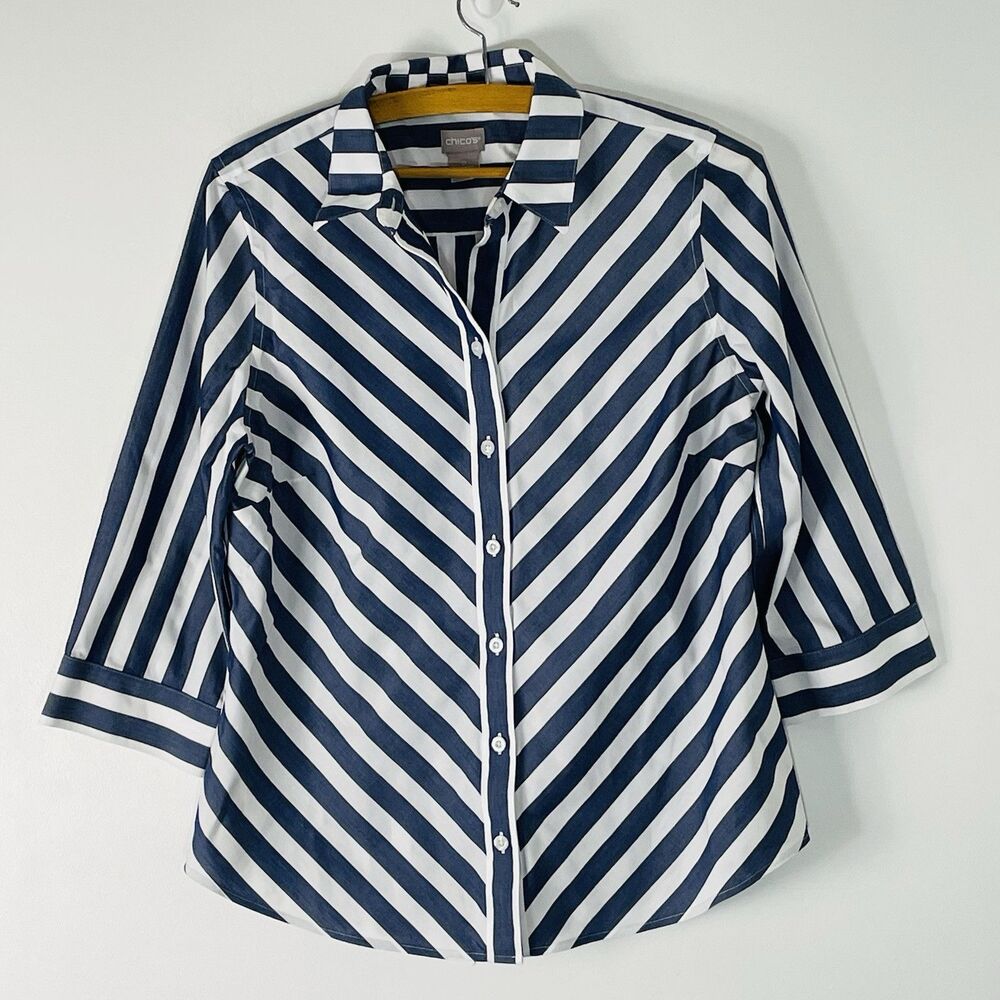 Chico’s No-Iron Cotton Striped Stain Shield Shirt Navy & White Striped Size 4/6 - Picture 4 of 8